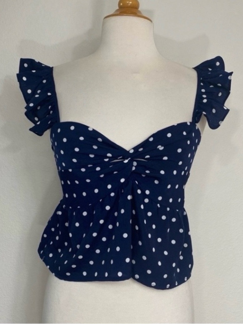 3/$25 Amazon Women's Navy White Polka Dot Ruffle Tank Peplum Blouse XS Classic